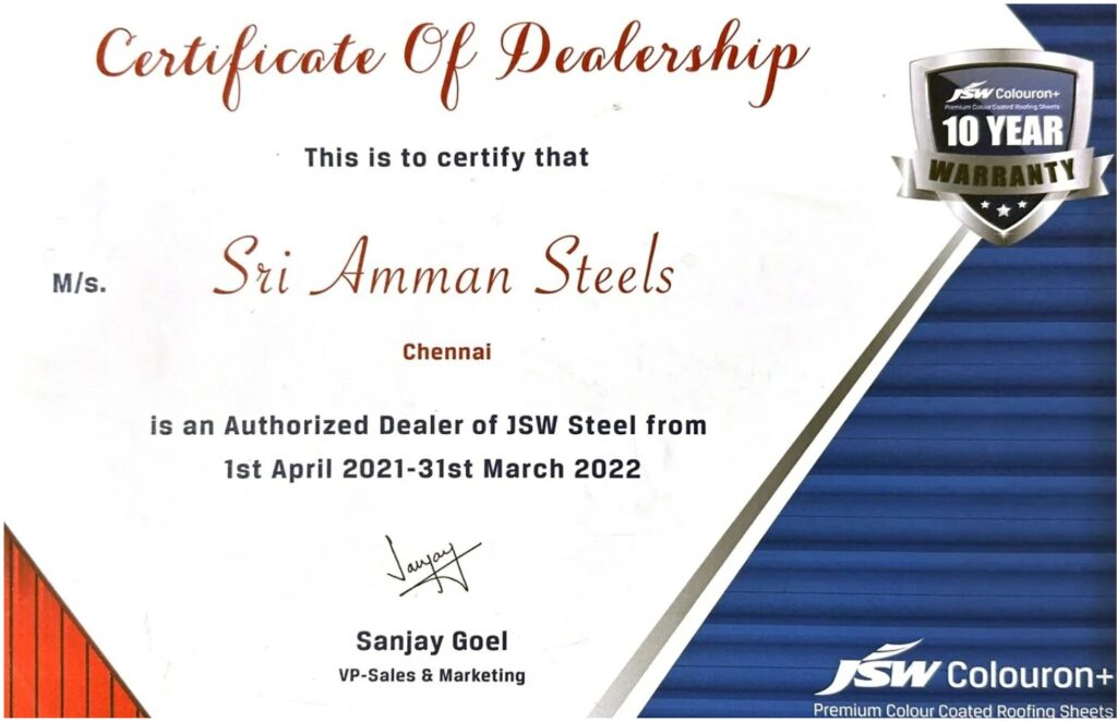 Authorized Dealership Certificate from JSW